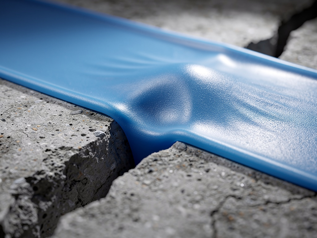 Close-up of a flexible blue elastomeric membrane stretching across a crack in concrete
